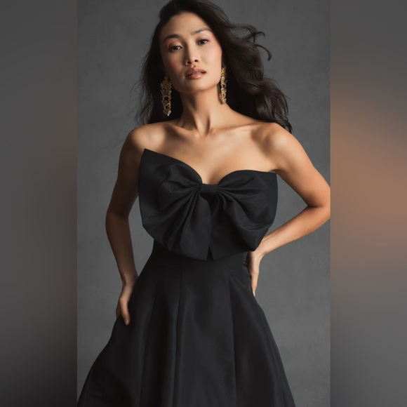 Mac Duggal 49605 Black Strapless A-Line Tea Length Bow Midi Dress Size 12 - Picture 5 of 9